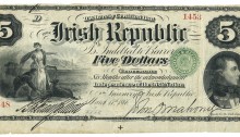 1866 Republican Bond, Five Dollars, 17 March 1866, 1453-1548, Killian-O’Mahony signatures. The Old Currency Exchange, Dublin, Ireland.