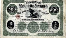 Republic of Ireland Bond: $500 (Theobald Wolfe Tone & Thomas Davis), 186__, signed by O'Sullivan & Scanlan. The Old Currency Exchange, Dublin, Ireland.