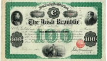 Fenian Bonds: O'Mahony Issue, $100 (Theobald Wolfe Tone and Robert Emmet), signed by John O'Mahony. The Old Currency Exchange, Dublin, Ireland.