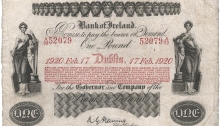 Bank of Ireland One Pound, Fourteenth Issue (Branches in 8 lines and red ink), Type 2, dated 17th February 1920, signature of A.G. Fleming, Chief Cashier. The Old Currency Exchange, Dublin, Ireland.