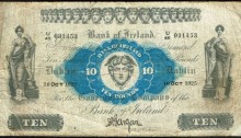 1925 Bank of Ireland (Seventeenth Issue) Ten Pounds, Type 1b, dated 10 Oct 1925, signed by Gargan, Chief Cashier. The Old Currency Exchange, Dublin, Ireland.