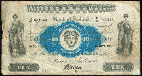 1925 Bank of Ireland (Seventeenth Issue) Ten Pounds, Type 1b, dated 10 Oct 1925, signed by Gargan, Chief Cashier. The Old Currency Exchange, Dublin, Ireland.