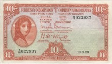 1928 Currency Commission of the Irish Free State, Ten Shillings, Type 1a (Joseph Brennan / James J. McElligott). The Old Currency Exchange, Dublin, Ireland