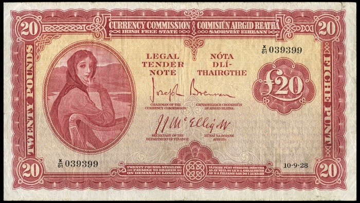 Currency Commission of the Irish Free State, Twenty Pounds, Type 1a (Fractional prefix). Signed by: Joseph Brennan / James J. McElligott. The Old Currency Exchange, Dublin, Ireland.
