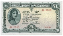 1928 Currency Commission Irish Free State, One Pound, dated 10 September 1928, H/25 013786, Brennan-McElligott signatures. The Old Currency Exchange, Dublin, Ireland.