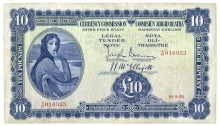 Currency Commission Irish Free State, Ten Pounds, dated 10 September 1928, Searial Number: V/01 016933, Brennan-McElligott signatures. The Old Currency Exchange, Dublin, Ireland.