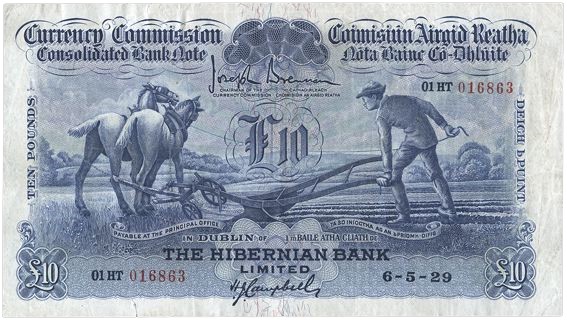 1929 Hibernian Bank Ltd, Ten Pounds, 6 May 1929, 01HT 016863, Brennan-Campbell signatures. The Old Currency Exchange, Dublin, Ireland.