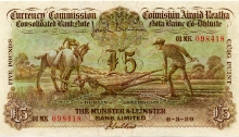 A Munster & Leinster Bank, Five Pounds (ploughman) note, dated 6th May 1929, signed by J. Brennan & J.L. Gubbins. The Old Currency Exchange, Dublin, Ireland.