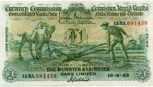 1929 Munster & Leinster Bank Ltd, One Pound, 10 June 1929, ploughman, 13MA 081438, Brennan-Gubbins signatures. The Old Currency Exchange, Dublin, Ireland.