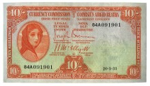 Currency Commission Irish Free State, Ten Shillings, Type 1b (In-line prefix). Signed by Joseph Brennan / James J. McElligott, dated 20 May 1931, S/N: 84A 091901. This date is not listed by Blake & Callaway. The Old Currency Exchange, Dublin, Ireland.