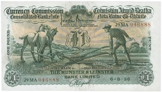 Munster & Leinster Bank Ltd, One Pound (ploughman) note, dated 6th August 1936, 29MA 046888, and signed by J. Brennan & A.E. Hosford. The Old Currency Exchange, Dublin, Ireland.