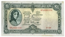 Currency Commission Irish Free State, One Pound; dated 2 January 1936, S/N: 97J 091224, Brennan-McElligott signatures. The Old Currency Exchange, Dublin, Ireland.