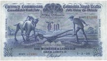 1938 Munster & Leinster Bank Ltd, Ten Pounds (ploughman) note, 7 March 1938, 01MT 071892, Brennan-Hosford signatures. The Old Currency Exchange, Dublin, Ireland.