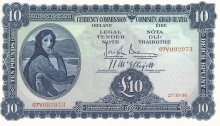 1938 Currency Commission Ireland, Ten Pounds, dated 27th October 1938, S/N: 07V 092973, Brennan-McElligott signatures. The Old Currency Exchange, Dublin, Ireland.