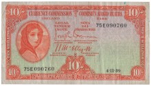 1939 Currency Commission Ireland, Ten Shillings, dated 4th November 1939, serial number 75E 090760, Brennan-McElligott signatures. The Old Currency Exchange, Dublin, Ireland.