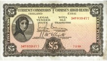 1939 Currency Commission Ireland, Five Pounds, dated 7th February 1939, S/N: 34T 039477, Brennan-McElligott signatures. The Old Currency Exchange, Dublin, Ireland.