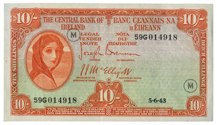 Currency Commission of the Irish Free State, Ten Shillings, Type 3e (War Codes added). Signed by Joseph Brennan / James J. McElligott. War Code = M (in grey ink) and dated 5th June 1943. The Old Currency Exchange, Dublin, Ireland.