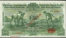 £100 ploughman, Bank of Ireland, One Hundred Pounds, specimen 1978 obverse. The Old Currency Exchange, Dublin, Ireland.
