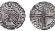Hiberno-Norse penny, Phase III, Class E (Symbol above Head), Type 7 - Long Cross, with two hands. Echmarcach Mac Ragnaill. The Old Currency Exchange, Dublin, Ireland.