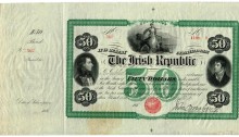 Irish Republic $50 Bond Certificate, featuring vignettes of Theobald Wolfe Tone and Lord Edward Fitzgerald. Unissued 186__. The Old Currency Exchange, Dublin, Ireland.