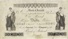 Bank of Ireland One Pound, Eighth Issue, Type 2, dated 7 May 1838, Dublin and Westport, SN: A/G 51541, signature of A. Brett. The Old Currency Exchange, Dublin, Ireland.