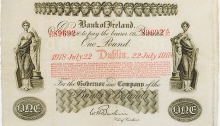 A Bank of Ireland, Fourteenth Issue, One Pound note, Type 1, dated 22nd July 1918, signature of W.H. Baskin. The Old Currency Exchange, Dublin, Ireland.