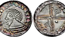An Hiberno-Norse silver penny, Phase III, Class A (Plain bust), Type 1e (two hands + one large pellet on reverse). The Old Currency Exchange, Dublin, Ireland.