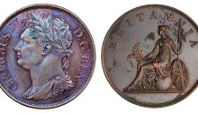 1822 Ireland-Ionian Islands 2 oboli mule, obv. Irish bust of George IV, rev. britannia. 35mm, 18.9g, mintage 3