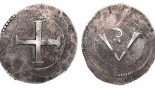 Confederate Catholics crown. 23.34 g. 44 mm. (Rebel Money). Large cross, large V, small S above; large pellet below the S.