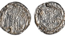 Hiberno-Norse, Phase V, c.1065-1095, Penny, 0.84g, group F/o, crowned facing bust, sceptre either side, deriving from Two Sceptres type of William I, rev. cross fleury, pellets in angles, legends blundered ((cf. SCBI Ulster 347 (=Roth 206) and SCBI Copenhagen 281; Lindsay, Supp. p.1 3, 57: S.6170), pierced at seven o´clock, obverse double struck, reverse very fine, extremely rare