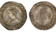 Ireland, Mary, 1553 Silver Shilling (M D LIII) in Roman numerals on the reverse. Crowned bust left, legend with inner and outer beaded circles surrounding, mint mark lis after Queen's name, double annulet stops. The Old Currency Exchange, Dublin, Ireland.