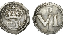 Ormonde money, Sixpence, lozenge between CR, large Roman numeral, large D, 2.53g (S 6547, DF 301). Nearly very fine