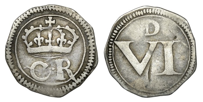 Ormonde money, Sixpence, lozenge between CR, large Roman numeral, large D, 2.53g (S 6547, DF 301). Nearly very fine
