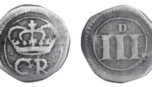 Ormonde Money, Threepence, lozenge between CR, thick numerals + small 'D', 1.41g (S 6549, DF 306).