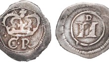 AR siege twopence. .93 gm. 14 mm. Ormonde Siege coinage. (1643). C R crowned, in the field left. Crown; left arch touches inner circle; C: thicker lines, top serif curves outward, lower part ends in a blunt point. R: thicker lines, extended leg does not cross inner circle, ends in a curve / II, small D above, all within inner circle; thick numerals, slightly out-of line with one another, small D above; all within inner circle. S. 6550. D&F 311. Very Fine; well centered on a generous flan; slight roughness; overall attractive and very rare.