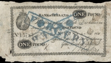 1821 Bank of Ireland, One Pound, 5 November 1821, contemporary forgery, stamped FORGERY twice on front.
