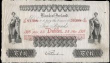 1918 Bank of Ireland Ten Pounds, 23 November 1918, U40 91398, 66 branches in 5 lines, signature of W.H. Baskin