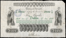 1919 Bank of Ireland, Type 3 (branch list printed in green ink) Five Pounds, 27 January 1919, T29 49834, signature of W.H. Baskin