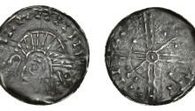 Hiberno-Norse, Phase VI silver penny - Crude draped bust left, crozier before, quatrefoil behind; Long cross, pellet within annulet at centre, sceptre and pellet in opposing quarters