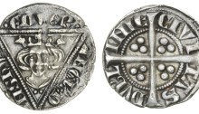 Edward I, Penny, second coinage, type 1a, Dublin, 1.37g, crowned facing bust within triangle, rev. long cross with trefoils of three pellets in each angle (S.6246A)