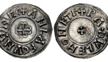 Hiberno-Norse Northumbria). Anlaf Sithtricsson (Cuaran). First reign, 941-944/5. AR Penny (20.5mm, 1.14 g, 1h). Cross moline type. York mint; Rathulf, moneyer. + ANLAF CVNVNCC (Vs as inverted As), cross moline / + RAÐVLF HONET Γ (V as inverted A), small cross pattée. CTCE Group VI, e–k; SCBI 34 (BM), 1256; North 542; SCBC 1022 (this coin illustrated). EF, small metal flaw in center of reverse. Lightly toned. Very rare.