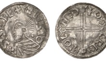 Scandinavian imitation of a Hiberno-Norse imitation of Æthelred's Long Cross type, Lincoln, Authgrimr, +sisig rex aiglsio, draped bust right, rev. odgrim m'o lnco, 1.11g/10h (Blackburn Imitative Workshop 156-61, same obv. die [rev. die unlisted]; SCBI Helsinki 932, same obv. die; cf. S 1151). Small central perforation, otherwise very fine, excessively rare