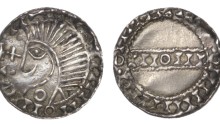 Hiberno-Norse / Hiberno-Scandinavian, Phase V (Class B) Silver Penny in imitation of Æthelred II Long Cross/Harold II PAX coinage, crude bust left, annulet on neck, cross between two pellets in front of face