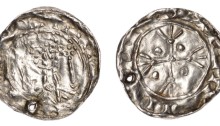 An Hiberno-Norse / Hiberno-Scandinavian, Phase V (Imitation of a William I Two Sceptres type) Silver Penny. Obv: crude facing bust with two sceptres. Rev: short single cross with trident finials, pellet in each angle