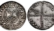 Hiberno-Norse. Phase IV. Circa 1055/60-1065. AR Penny (18mm, 0.66 g, 6h). ‘Scratched-Die’ coinage. Class C, Type 1a Helmeted facing bust with triple-strand moustache; trefoil of pellets on chin / Voided long cross, with triple crescent ends; pellets in first and fourth quarters, ‘hand’ in second quarter, + in third quarter. Grierson, Coins of Medieval Europe 148; O'S 47 var. (symbols in rev. field); SCBI 8 (BM), 154 (same dies); SCBC 6136. Toned. EF. Very rare.