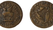 1679 Thomas Linch (Limerick) halfpenny, Obv. A winged bull (Crest of the Butchers' Company) THO . LINCH . OF . LIMRICK. Rev. HIS . HALF . PENY . TOKEN . 1679. Wt 3.61g W.574