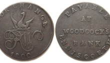 1800 Woodcock's Bank, Enniscorthy (Co Wexford) copper halfpenny token dated 1800. Obv Monogram of RW beneath a peacock crest with legend above