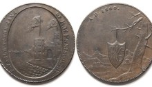 1800 Woodcock's Bank, Enniscorthy (Co Wexford) copper halfpenny token. Obv Castle by the sea with a portcullis formed by six vertical and one horizontal bar