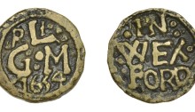 1654 George Linington's Penny Token, Obv. Initials & Date, P L over G . M. 1654 Rev. IN WEX FORDWt. 2.0g W. N 6358, this piece; D 750A. aVF, extremely rare