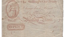 180_ Mallow Bank, Type 1, One shilling & 1d (aka 1 shilling Sterling) De la Cour & Galwey, unissued (no serial number), almost Fine. Very rare